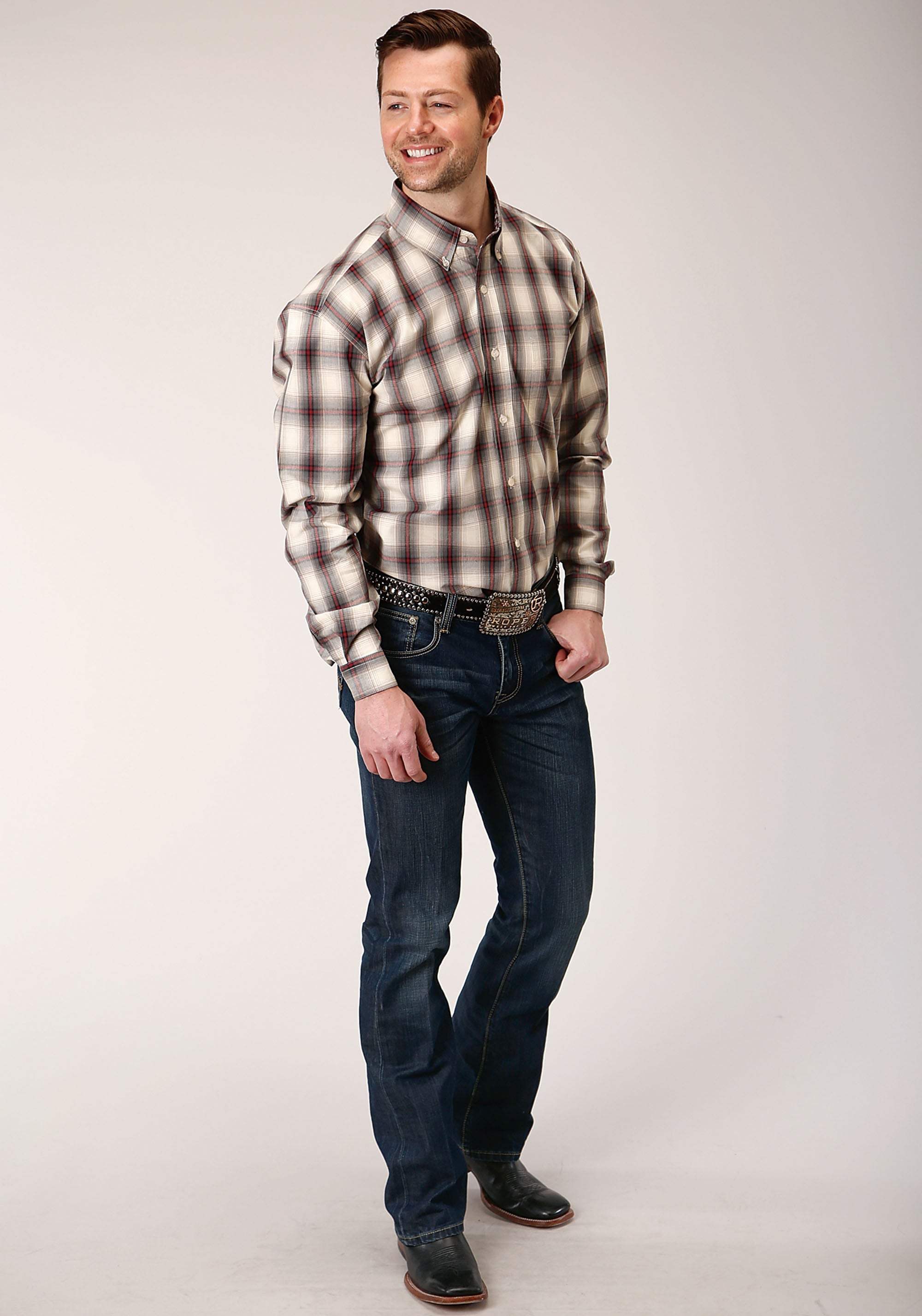 Roper Mens Long Sleeve Button Smoke House Ombre Plaid Western Shirt - Roper - Flyclothing LLC