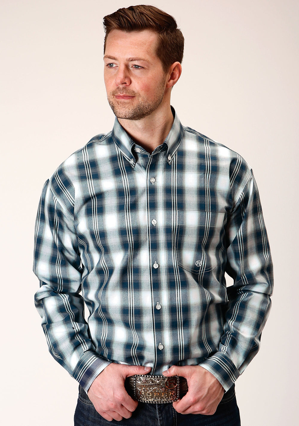 Roper Mens Long Sleeve Button Blue West Plaid Western Shirt - Roper