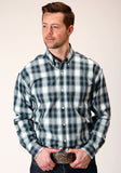 Roper Mens Long Sleeve Button Blue West Plaid Western Shirt - Roper
