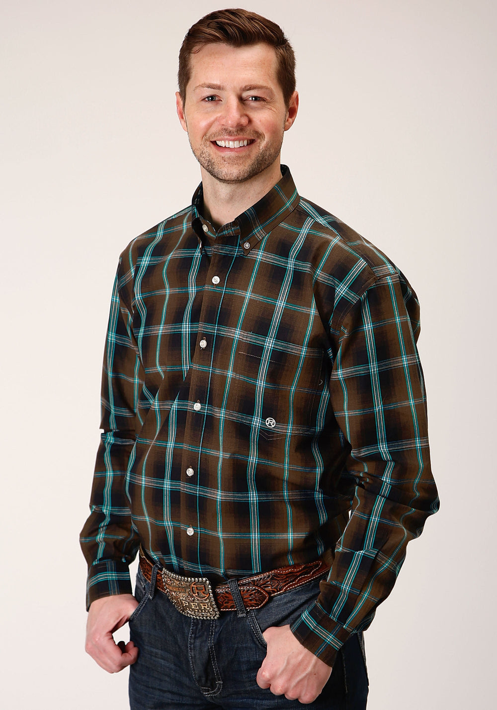 Roper Mens Long Sleeve Button Dark Chocolate Plaid Western Shirt - Roper
