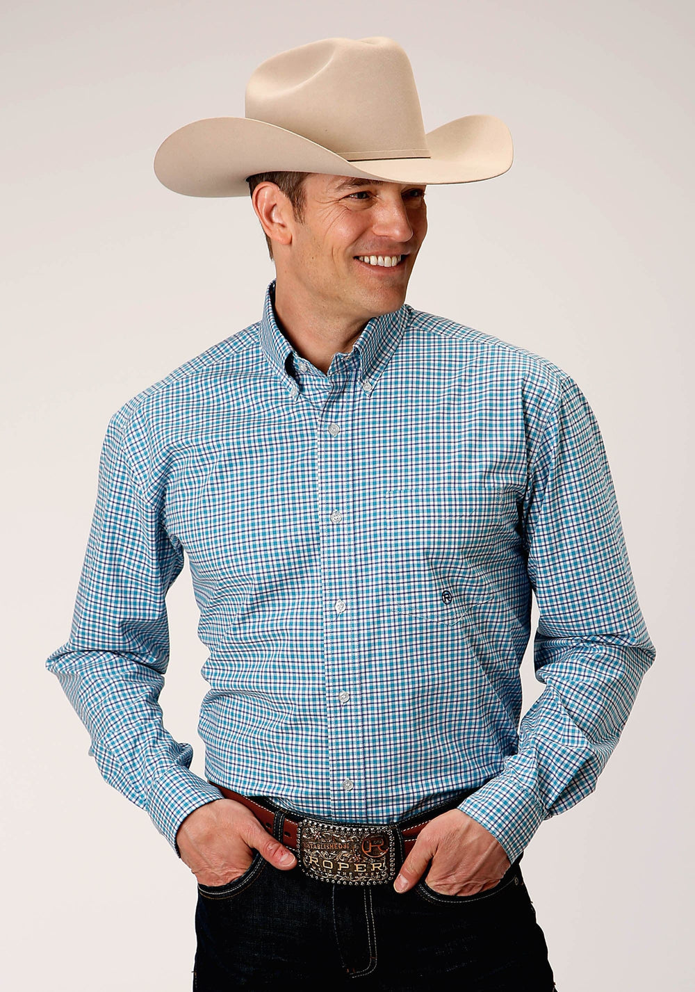 Roper Mens Long Sleeve Button Stretch Check Western Shirt - Roper