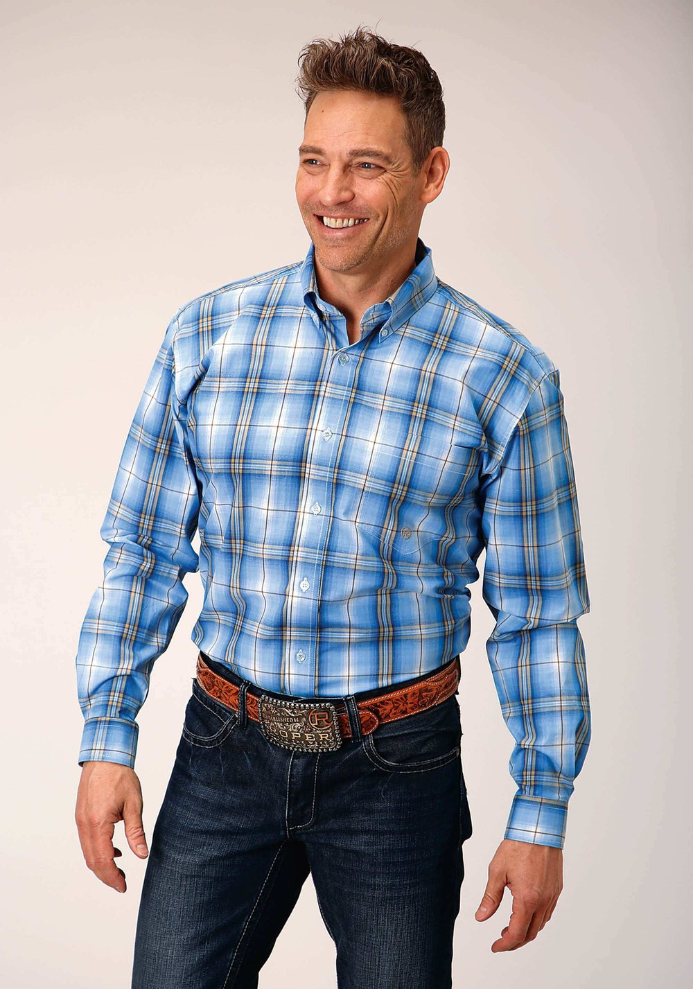 Roper Mens Long Sleeve Button Cornflower Plaid Western Shirt - Roper - Flyclothing LLC