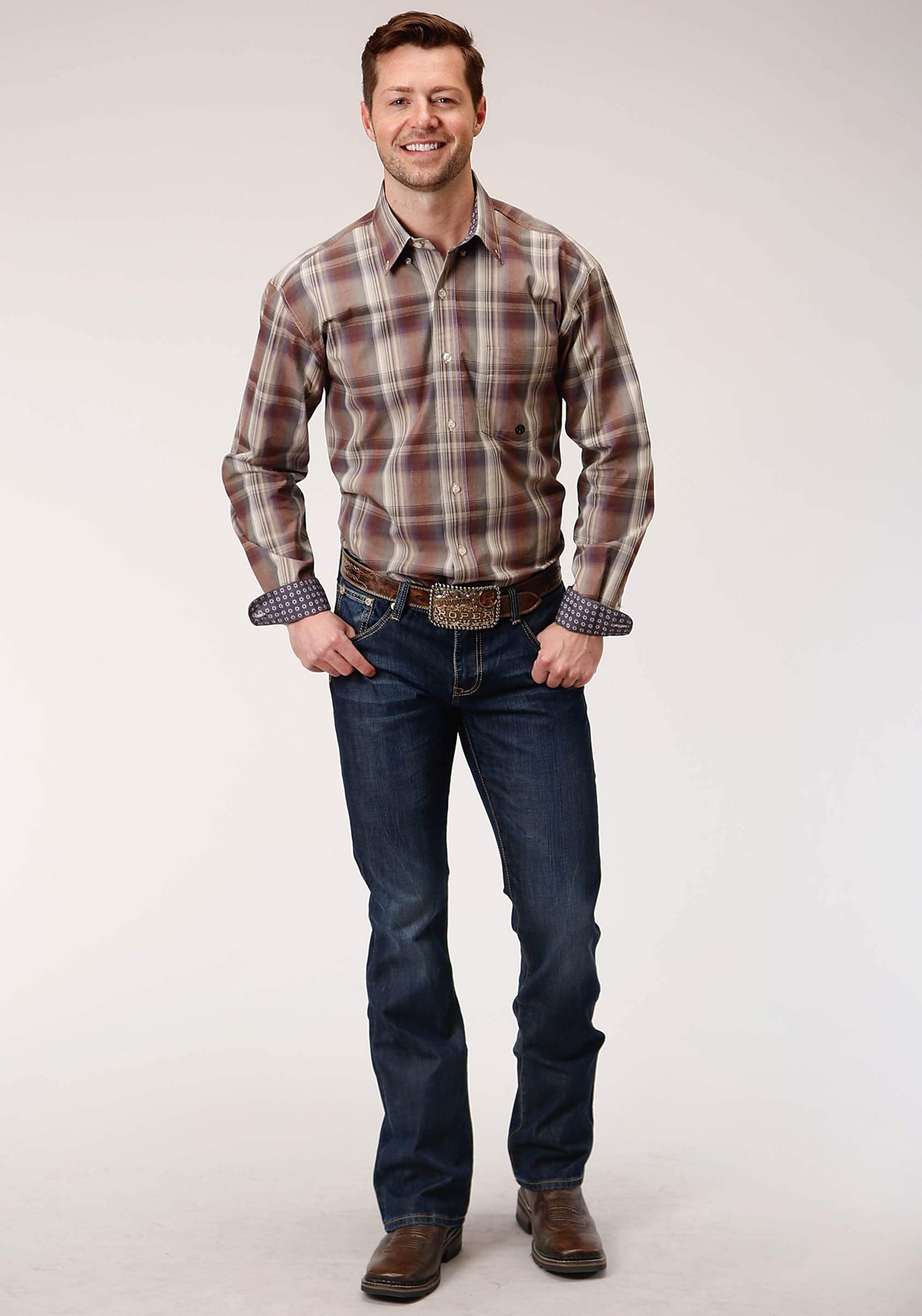 Roper Mens Long Sleeve Button Cider Plaid Western Shirt - Roper - Flyclothing LLC