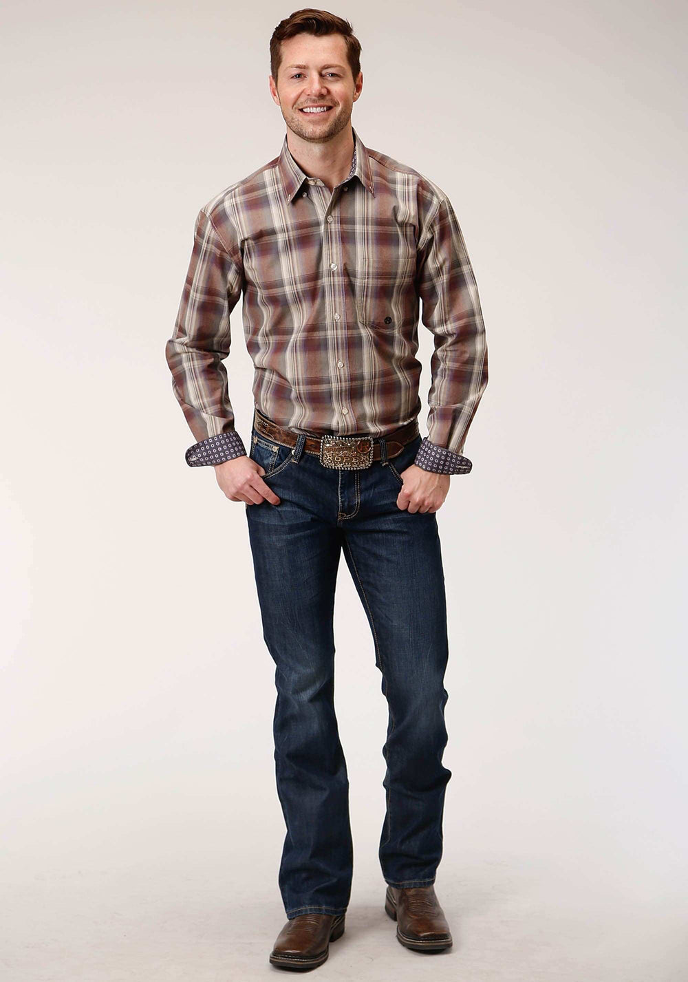 Roper Mens Long Sleeve Button Cider Plaid Western Shirt - Roper - Flyclothing LLC