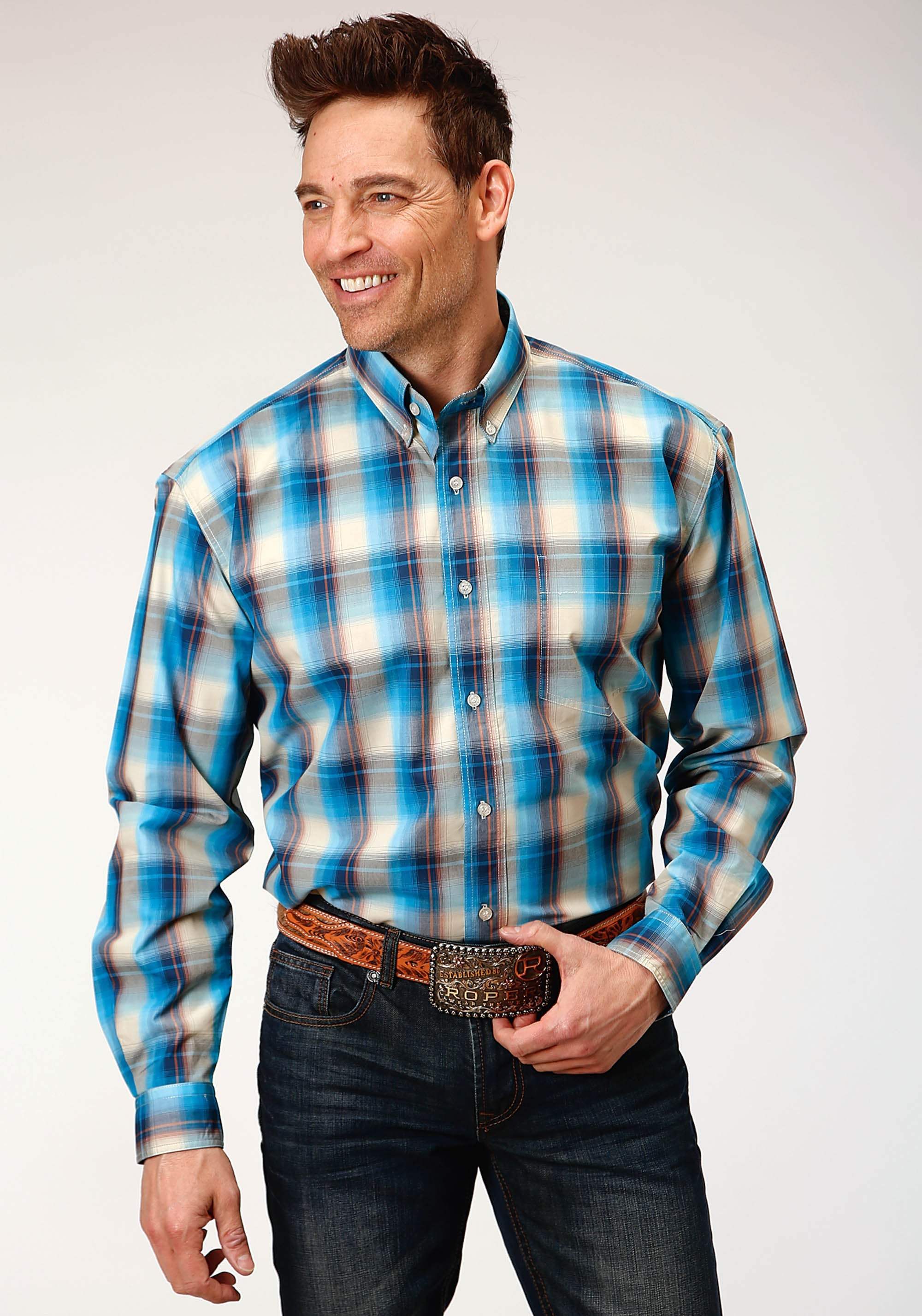 Roper Mens Long Sleeve Button Sunset Plaid Western Shirt - Roper - Flyclothing LLC