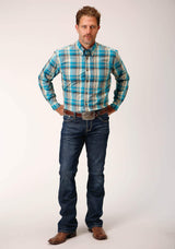 Roper Mens Long Sleeve Button Sandy Turquoise Plaid Western Shirt - Roper - Flyclothing LLC