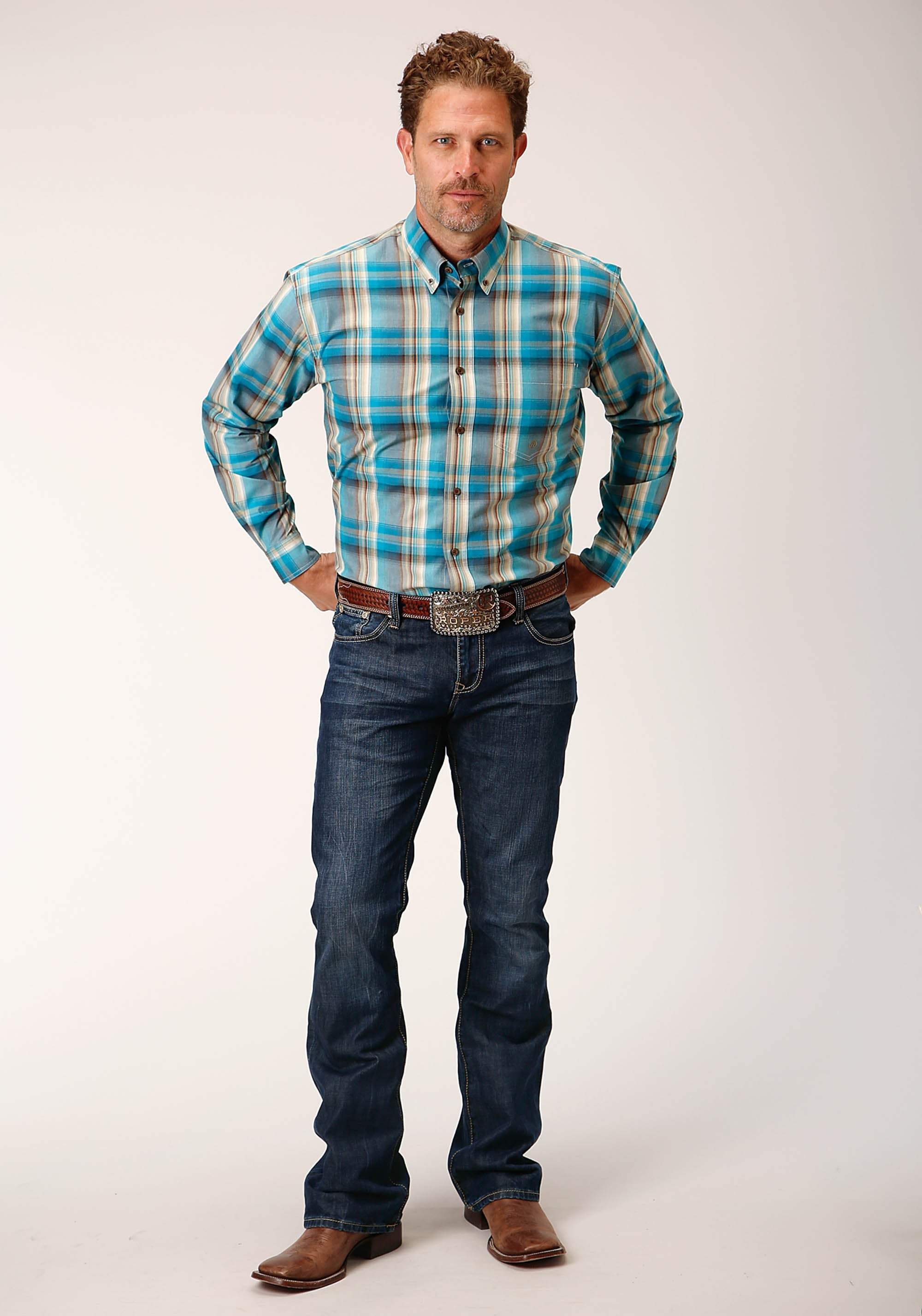 Roper Mens Long Sleeve Button Sandy Turquoise Plaid Western Shirt - Roper - Flyclothing LLC
