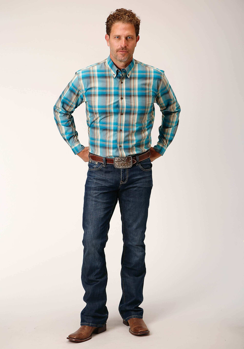 Roper Mens Long Sleeve Button Sandy Turquoise Plaid Western Shirt - Roper - Flyclothing LLC