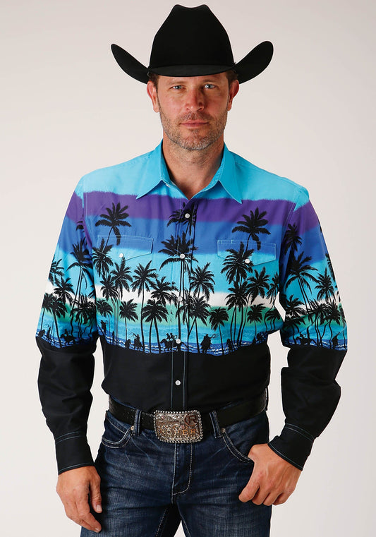 Roper Mens Long Sleeve Snap Beach Roundup Border Western Shirt - Roper