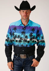 Roper Mens Long Sleeve Snap Beach Roundup Border Western Shirt - Roper