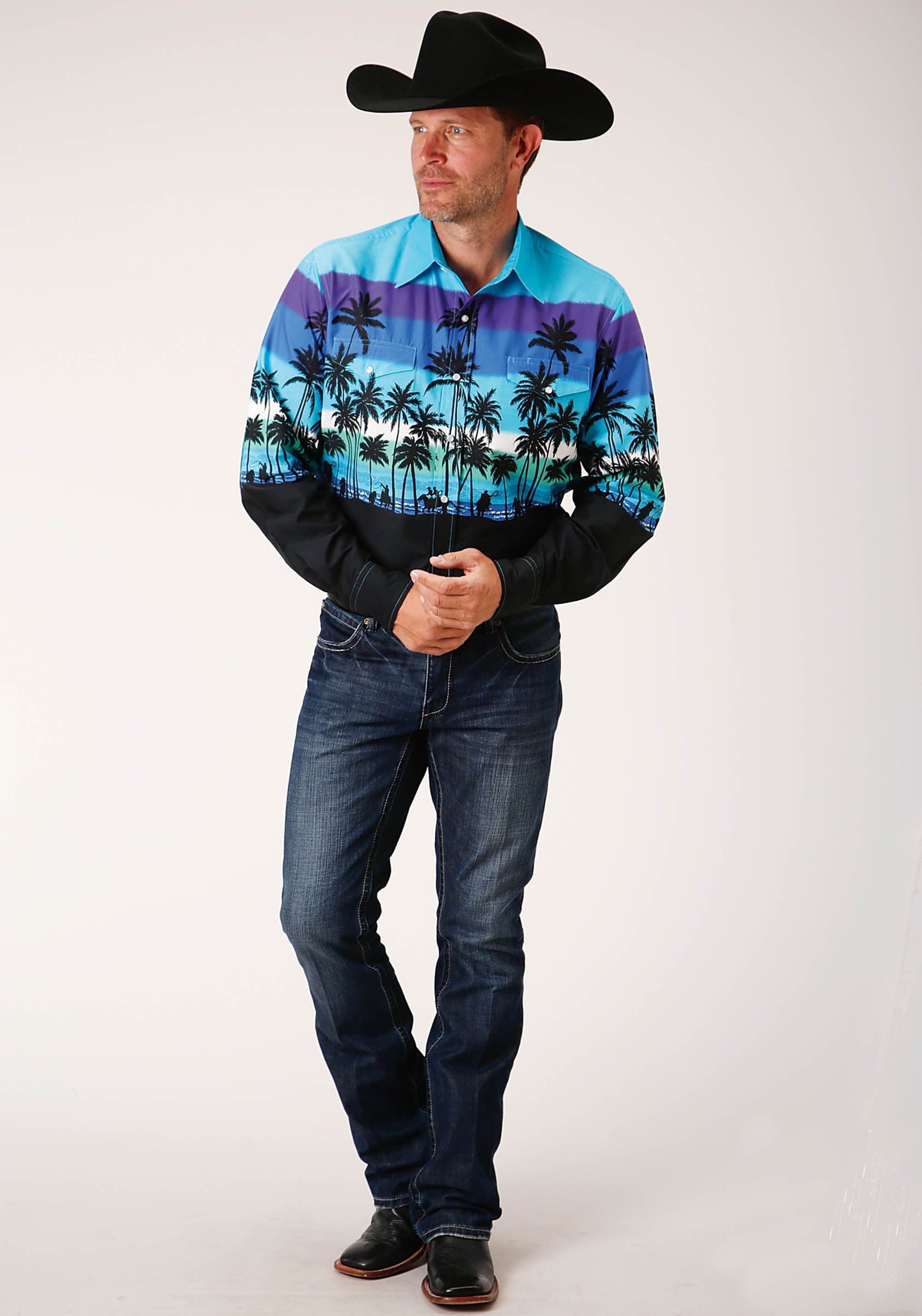Roper Mens Long Sleeve Snap Beach Roundup Border Western Shirt - Roper