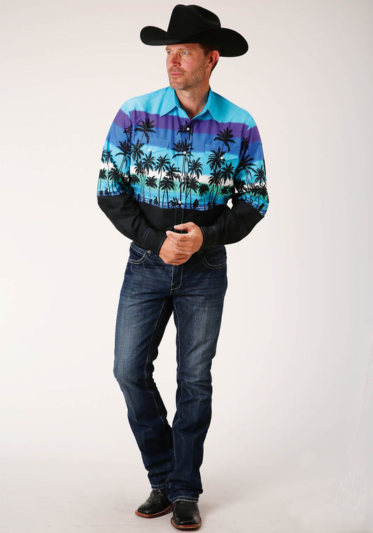 Roper Mens Long Sleeve Snap Beach Roundup Border Western Shirt - Roper