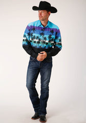 Roper Mens Long Sleeve Snap Beach Roundup Border Western Shirt - Roper