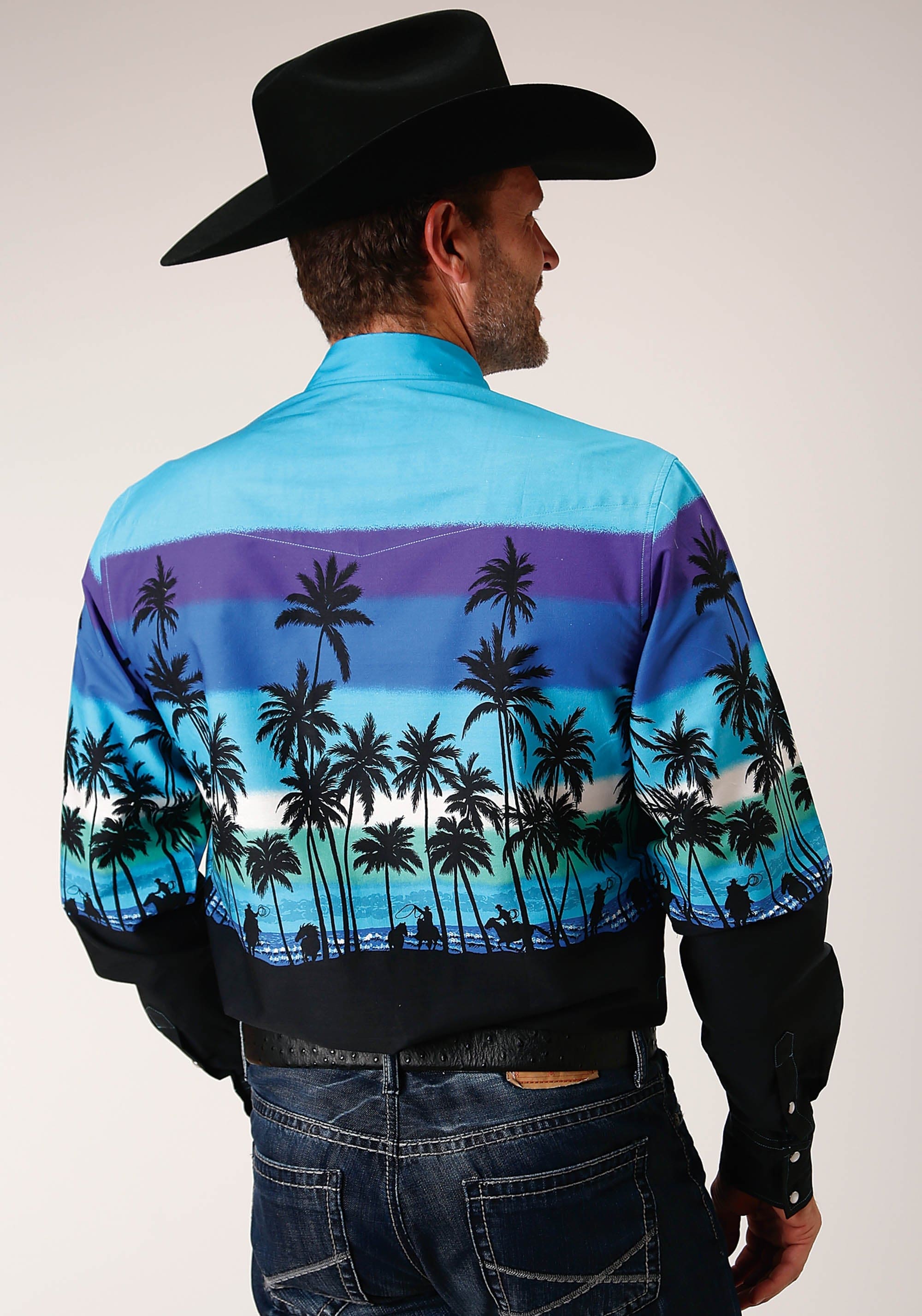 Roper Mens Long Sleeve Snap Beach Roundup Border Western Shirt - Roper