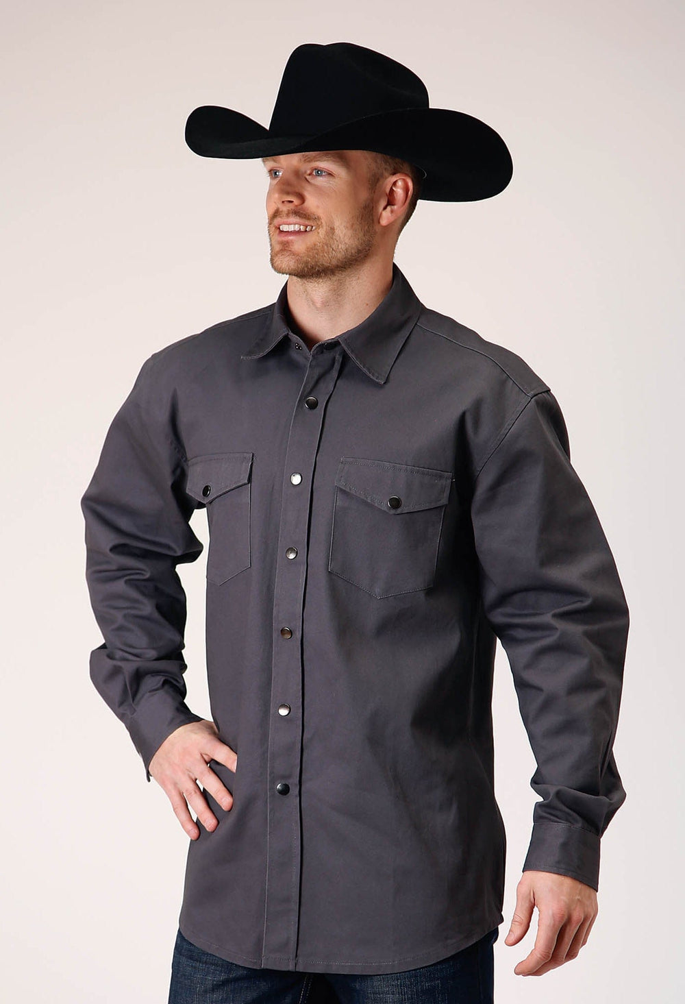 Roper Mens Long Sleeve Snap Brush Twill Charcoal Western Shirt - Roper