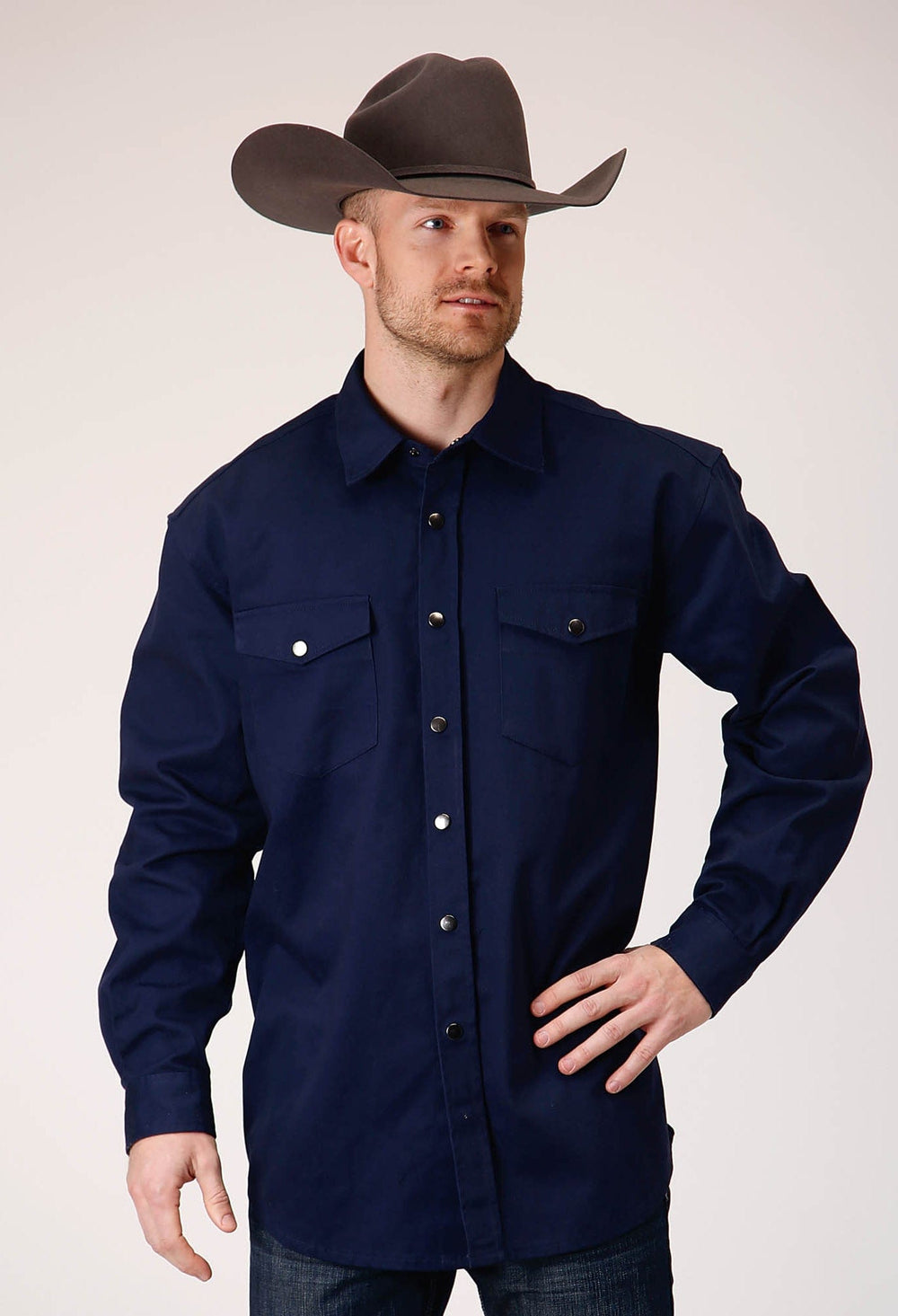 Roper Mens Long Sleeve Snap Brush Twill Navy Western Shirt - Roper