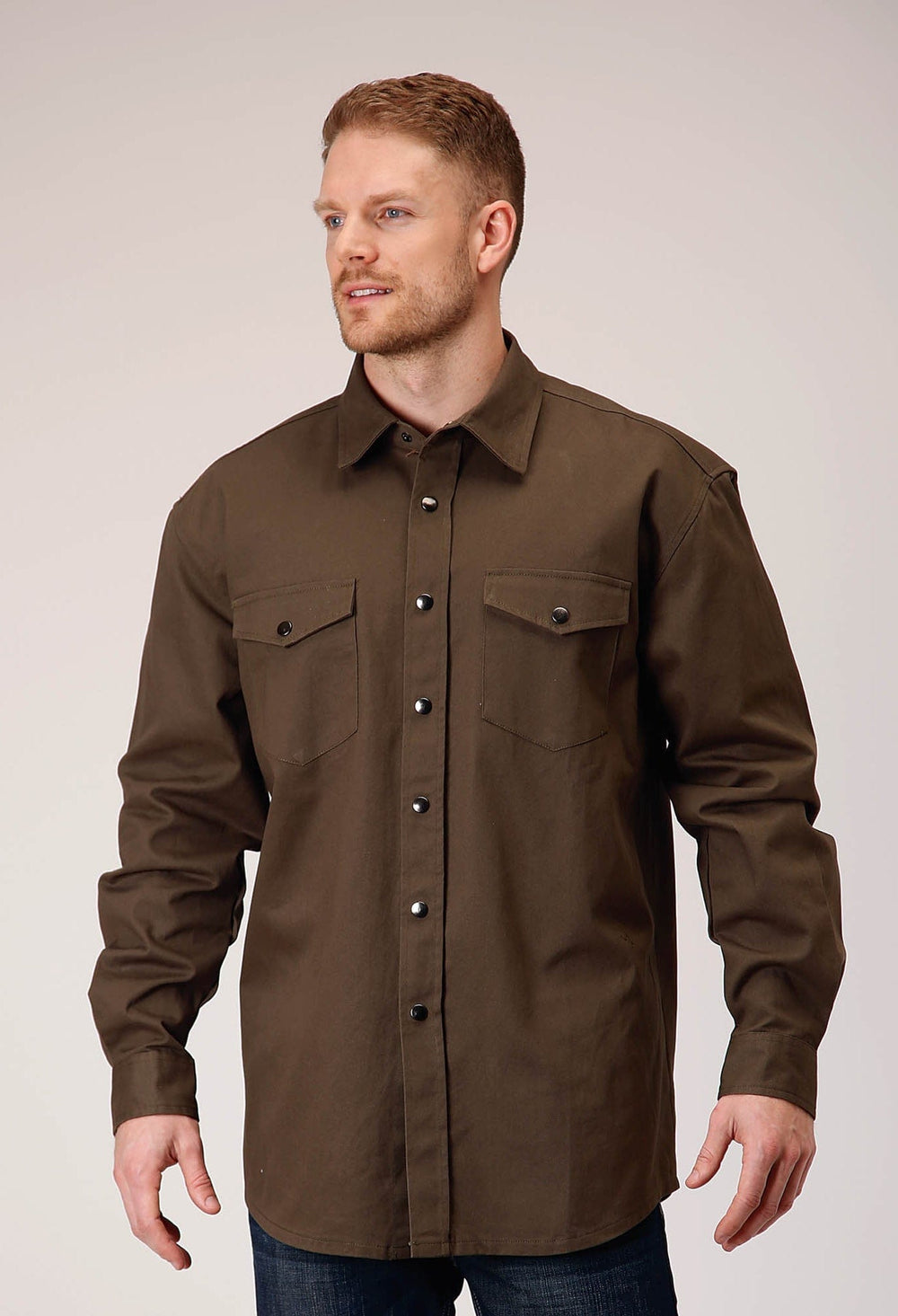 Roper Mens Long Sleeve Snap Brush Twill Olive Western Shirt - Roper