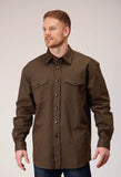 Roper Mens Long Sleeve Snap Brush Twill Olive Western Shirt - Roper