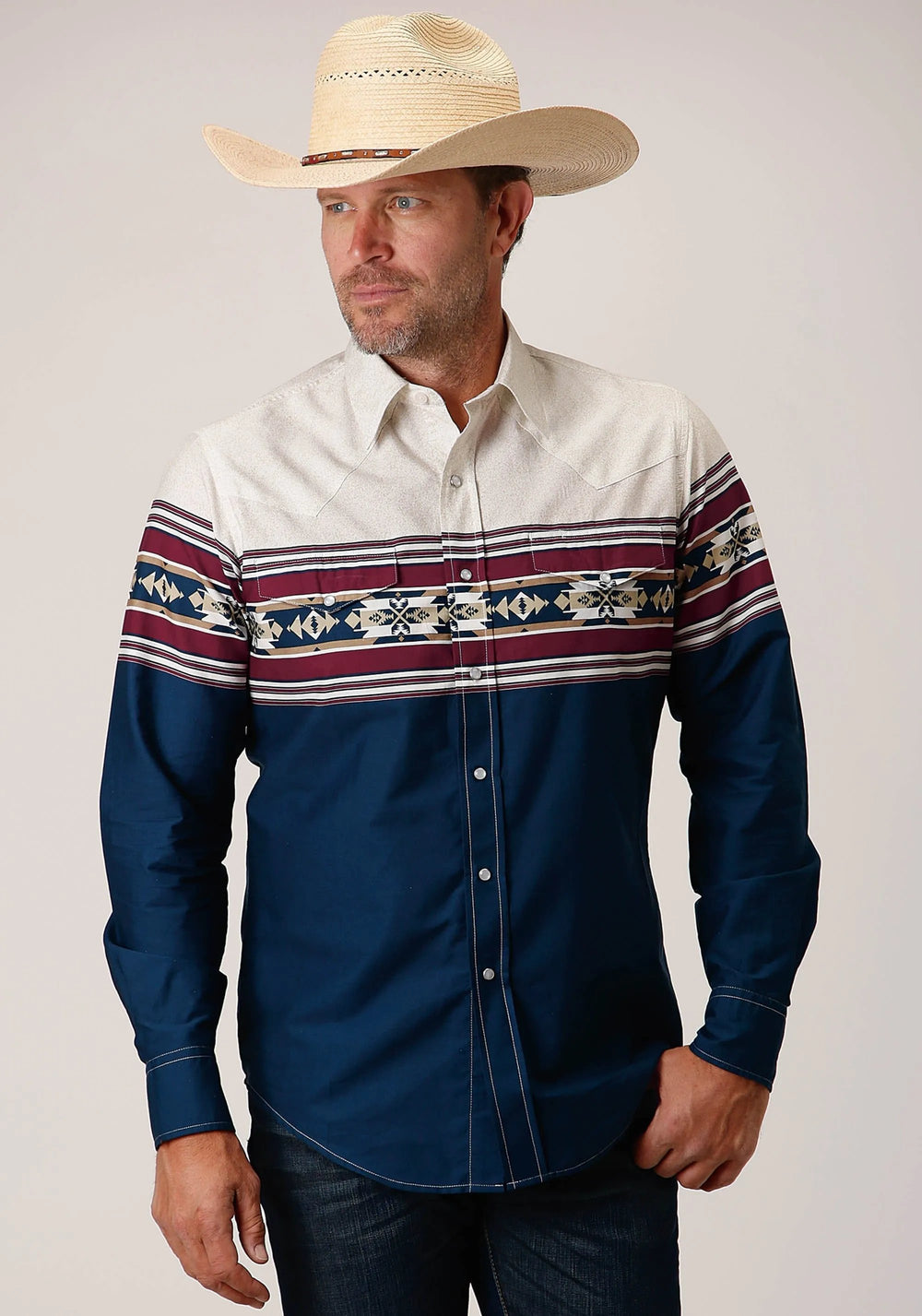 Roper Mens Long Sleeve Snap Black Hawk Border Western Shirt - Roper