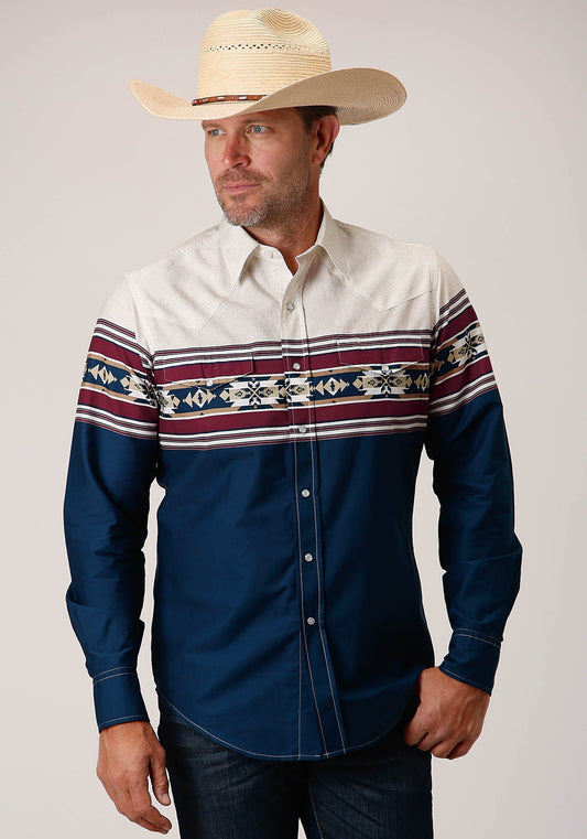 Roper Mens Long Sleeve Snap Black Hawk Border Western Shirt - Roper