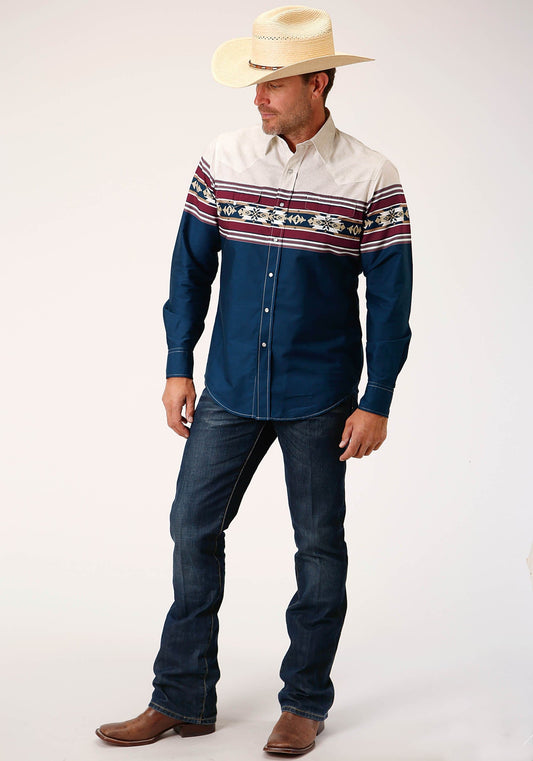 Roper Mens Long Sleeve Snap Black Hawk Border Western Shirt - Roper