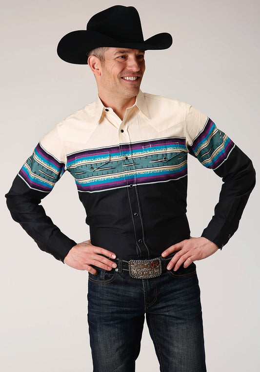 Roper Mens Long Sleeve Snap Greenline Serape Border Western Shirt - Roper
