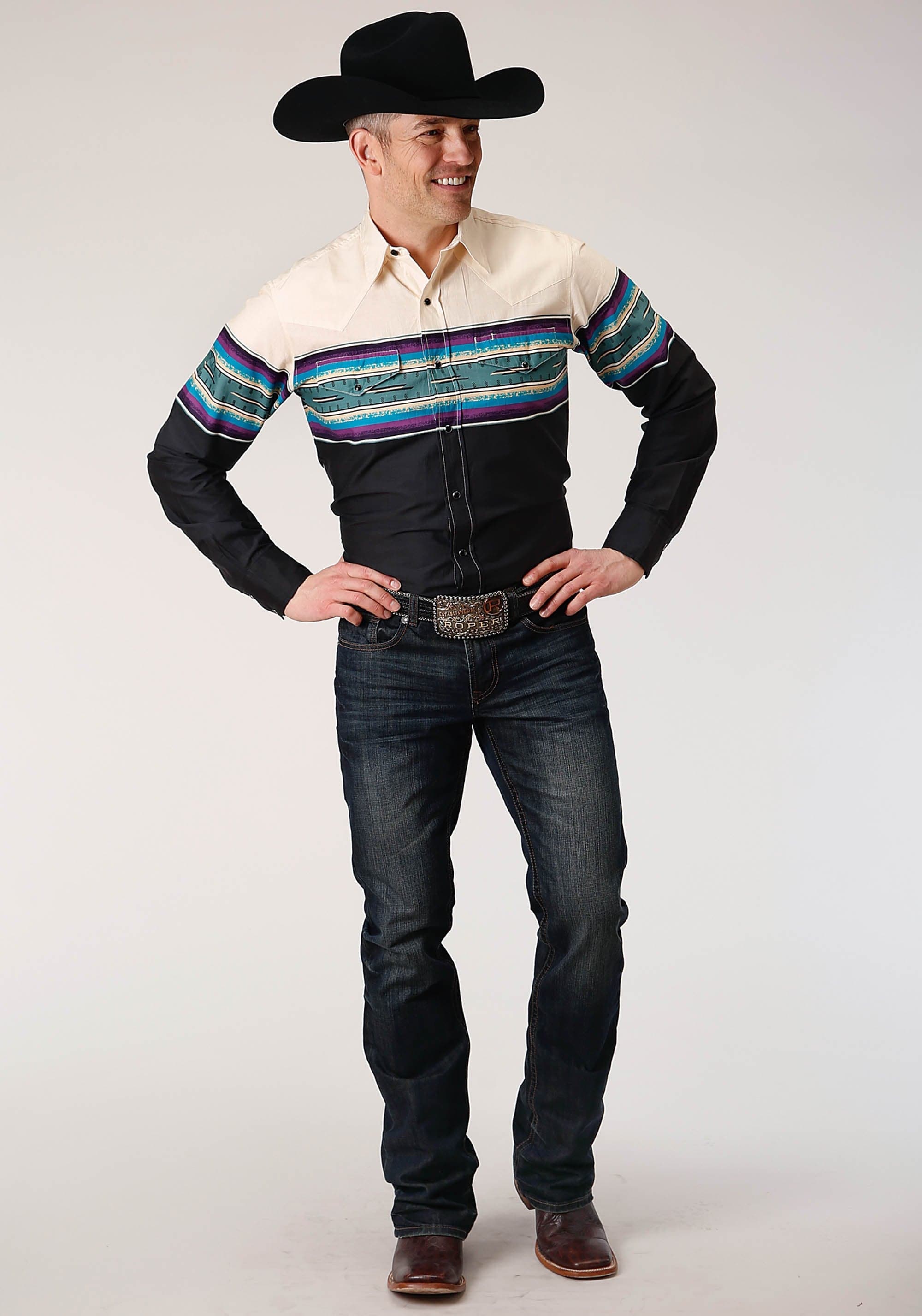 Roper Mens Long Sleeve Snap Greenline Serape Border Western Shirt - Roper
