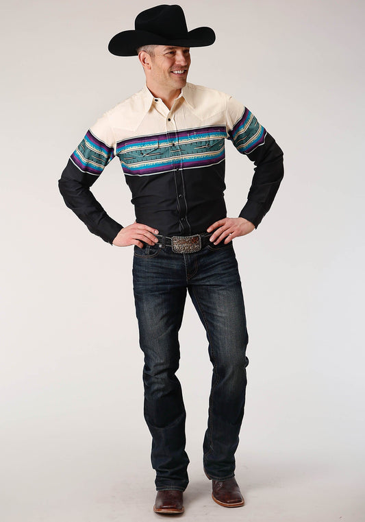Roper Mens Long Sleeve Snap Greenline Serape Border Western Shirt - Roper