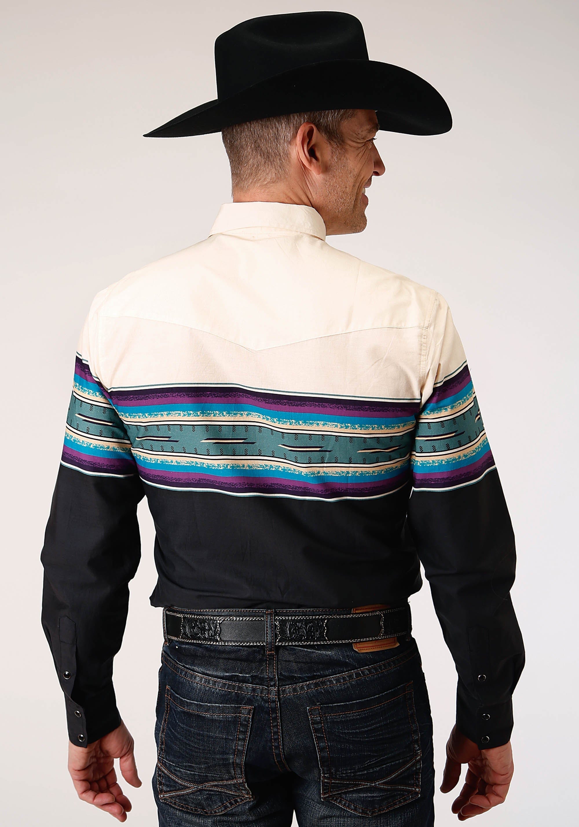 Roper Mens Long Sleeve Snap Greenline Serape Border Western Shirt - Roper