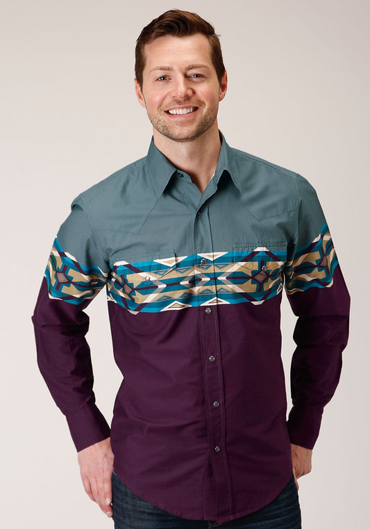 Roper Mens Long Sleeve Snap Tile Aztec Border Print Western Shirt - Roper