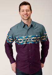 Roper Mens Long Sleeve Snap Tile Aztec Border Print Western Shirt - Roper