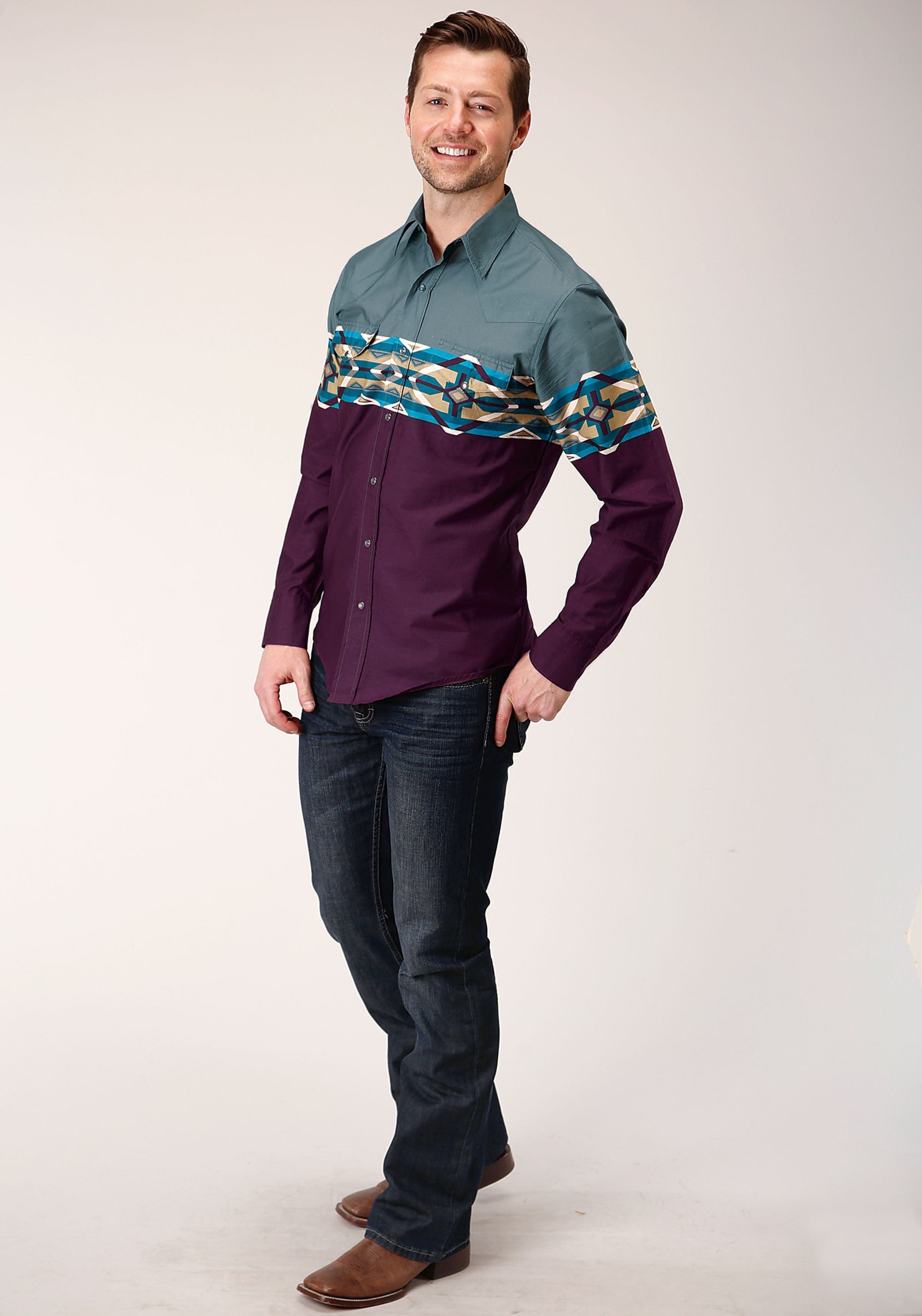 Roper Mens Long Sleeve Snap Tile Aztec Border Print Western Shirt - Roper
