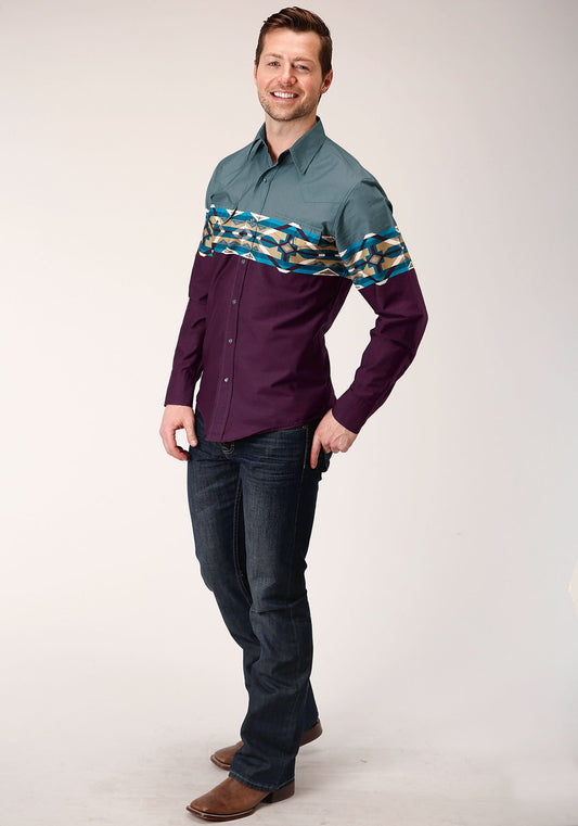 Roper Mens Long Sleeve Snap Tile Aztec Border Print Western Shirt - Roper