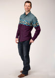 Roper Mens Long Sleeve Snap Tile Aztec Border Print Western Shirt - Roper