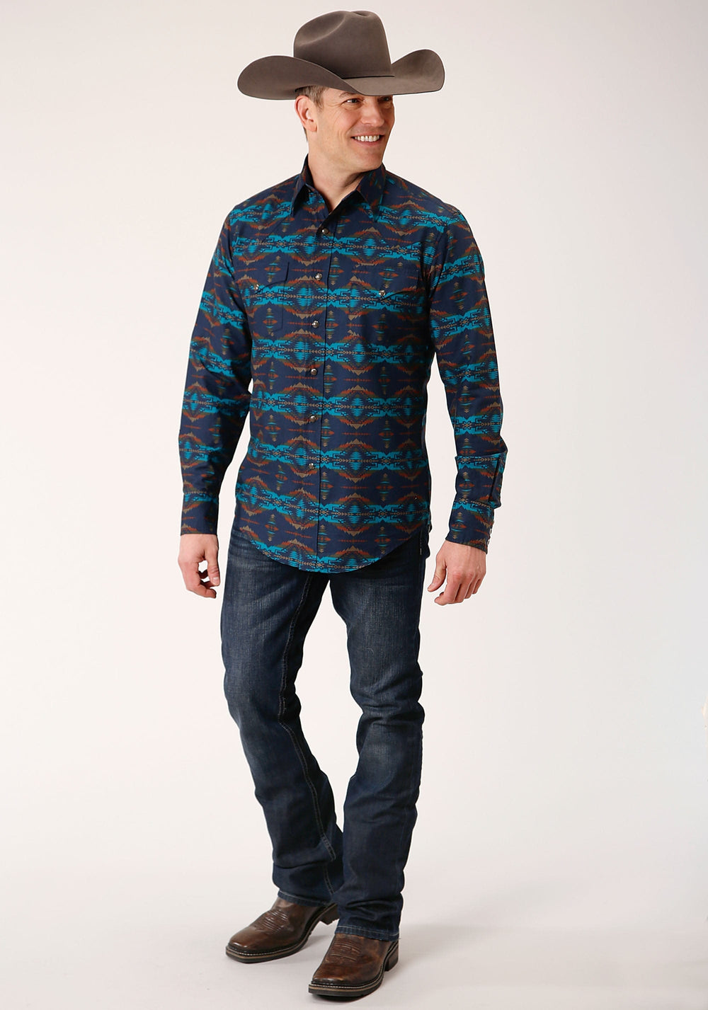 Roper Mens Long Sleeve Snap Turquoise Blanket Horizontal Print Western Shirt - Roper