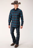 Roper Mens Long Sleeve Snap Turquoise Blanket Horizontal Print Western Shirt - Roper