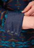 Roper Mens Long Sleeve Snap Turquoise Blanket Horizontal Print Western Shirt - Roper