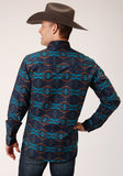 Roper Mens Long Sleeve Snap Turquoise Blanket Horizontal Print Western Shirt - Roper