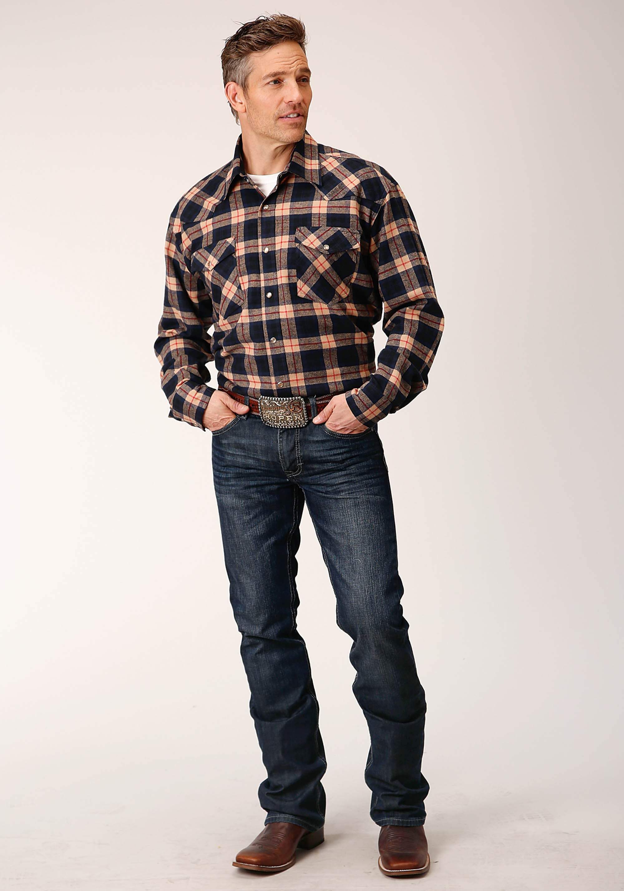 Roper Mens Long Sleeve Snap Unlined Flannel Plaid Shirt Western Shirt - Roper - Flyclothing LLC