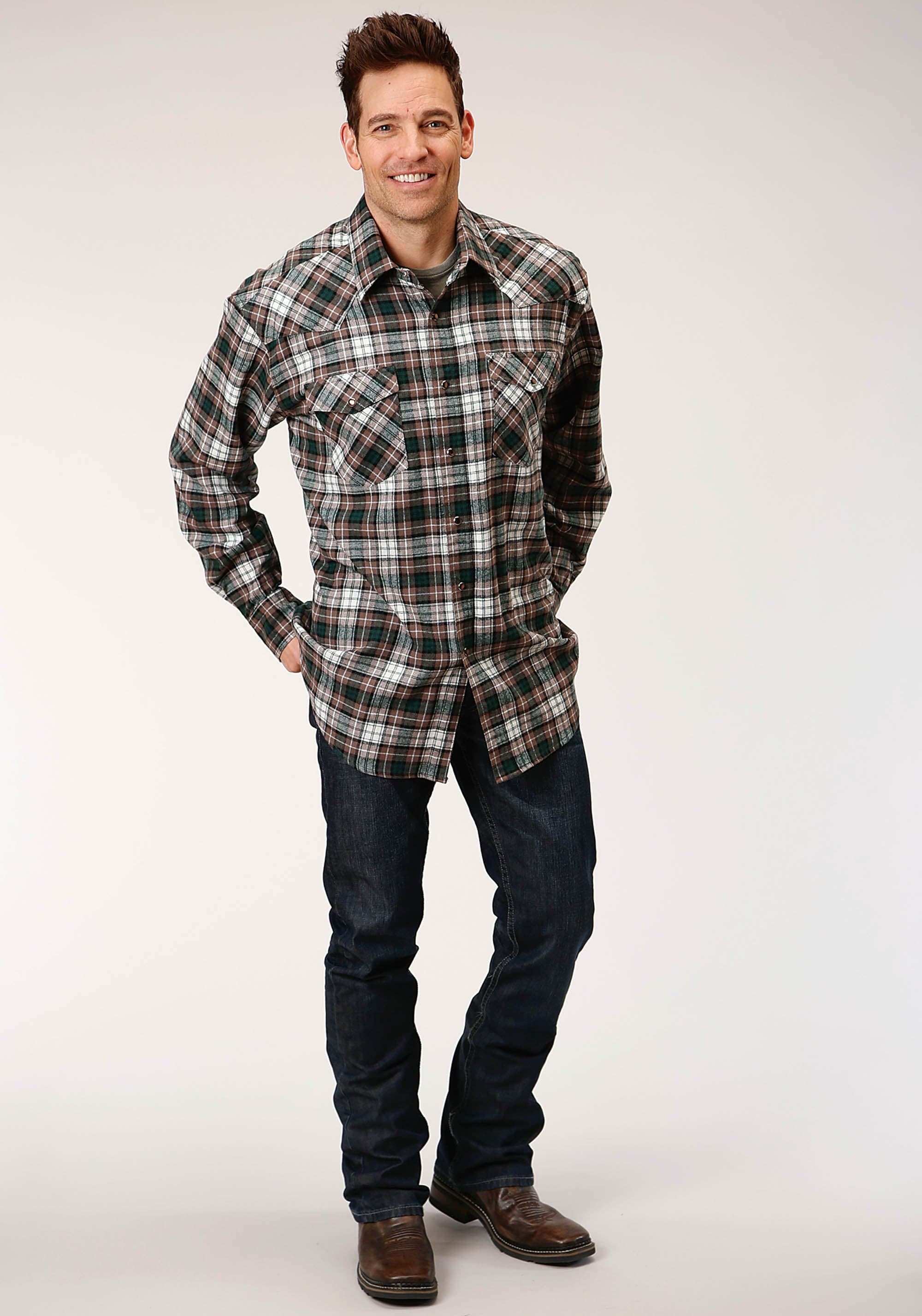 Roper Mens Long Sleeve Snap Unlined Flannel Plaid Shirt Western Shirt - Roper - Flyclothing LLC