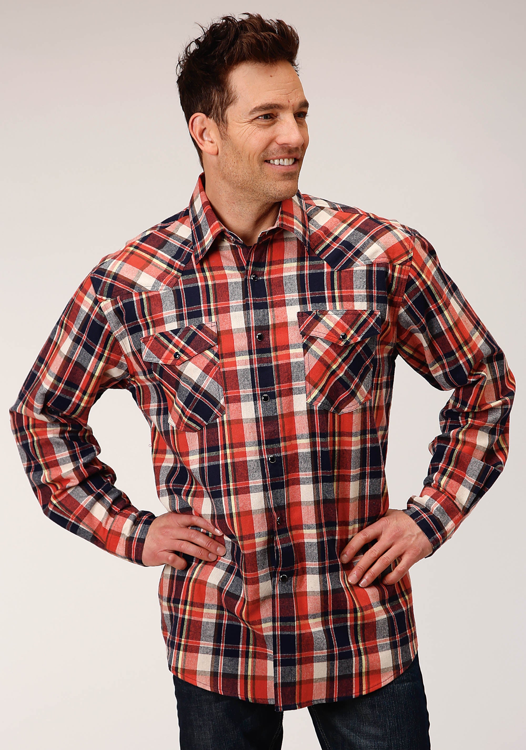 Roper Mens Long Sleeve Snap Unlined Flannel Plaid Shirt Western Shirt
