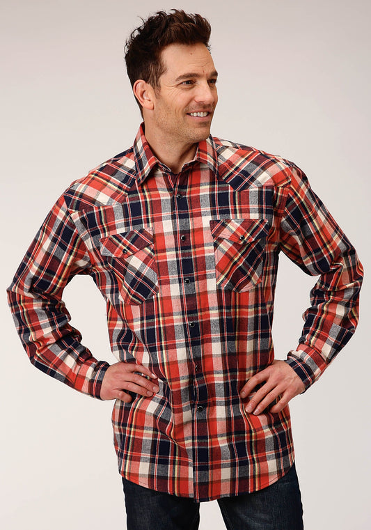 Roper Mens Long Sleeve Snap Unlined Flannel Plaid Shirt Western Shirt - Roper
