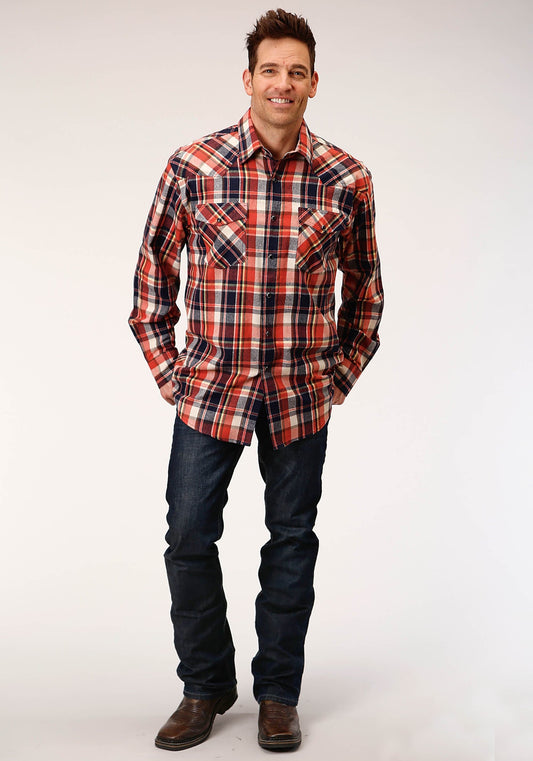 Roper Mens Long Sleeve Snap Unlined Flannel Plaid Shirt Western Shirt - Roper