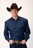 Roper Mens Long Sleeve Snap Dark Blue Denim Western Shirt - Roper