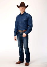 Roper Mens Long Sleeve Snap Dark Blue Denim Western Shirt - Roper - Flyclothing LLC
