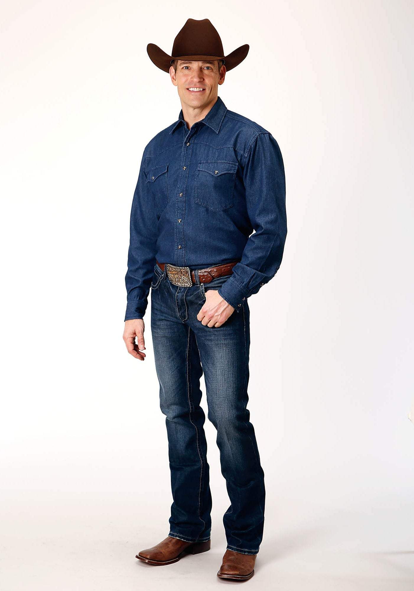 Roper Mens Long Sleeve Snap Dark Blue Denim Western Shirt - Roper - Flyclothing LLC