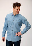 Roper Mens Long Sleeve Snap Light Blue Denim Western Shirt - Roper