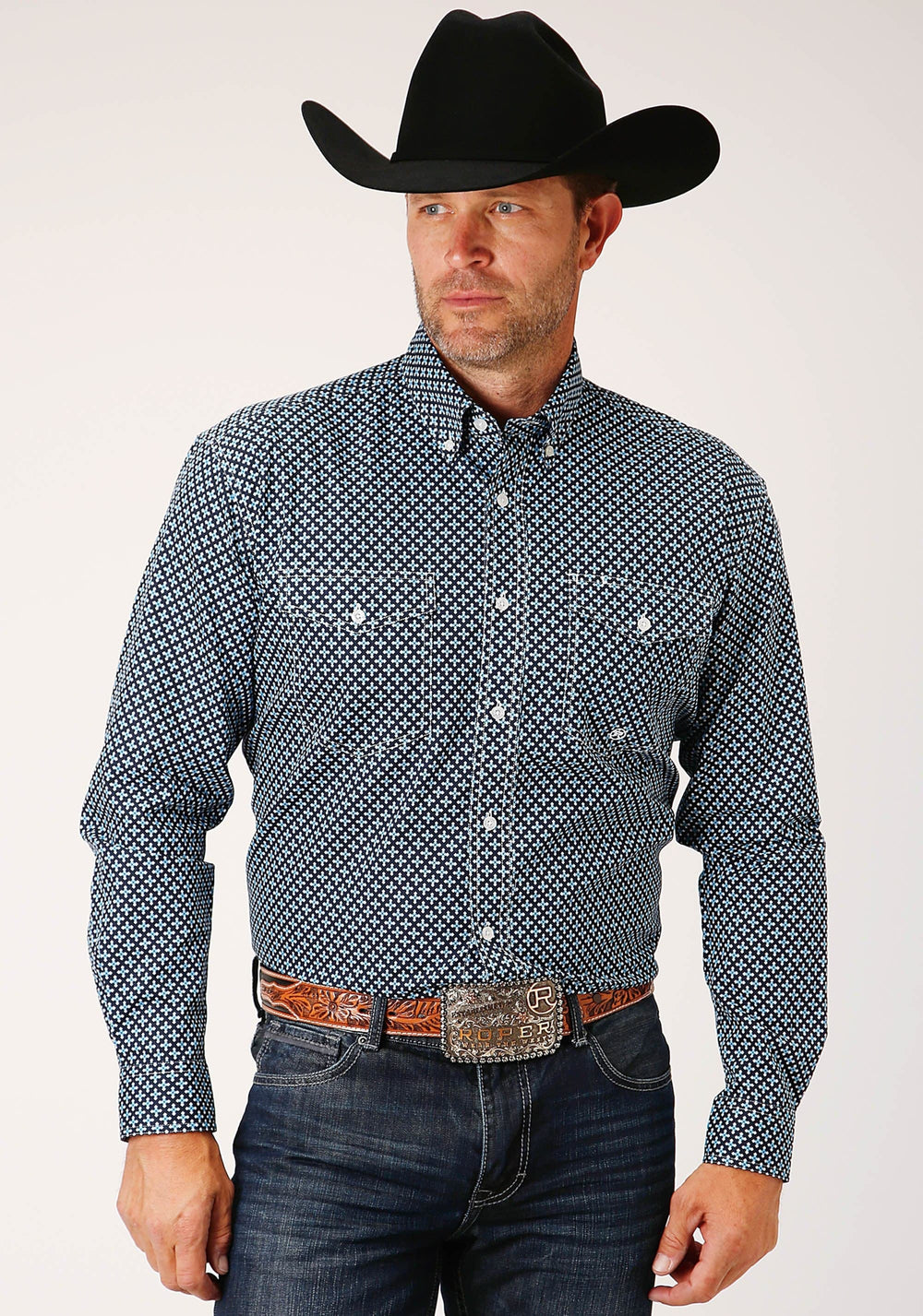 Roper Mens Long Sleeve Button Four Leaf Foulard Western Shirt Tall Fit - Roper