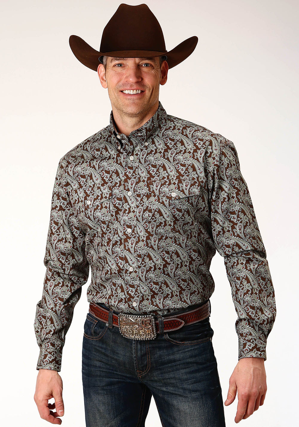 Roper Mens Long Sleeve Button Pine Paisley Western Shirt Tall Fit - Roper