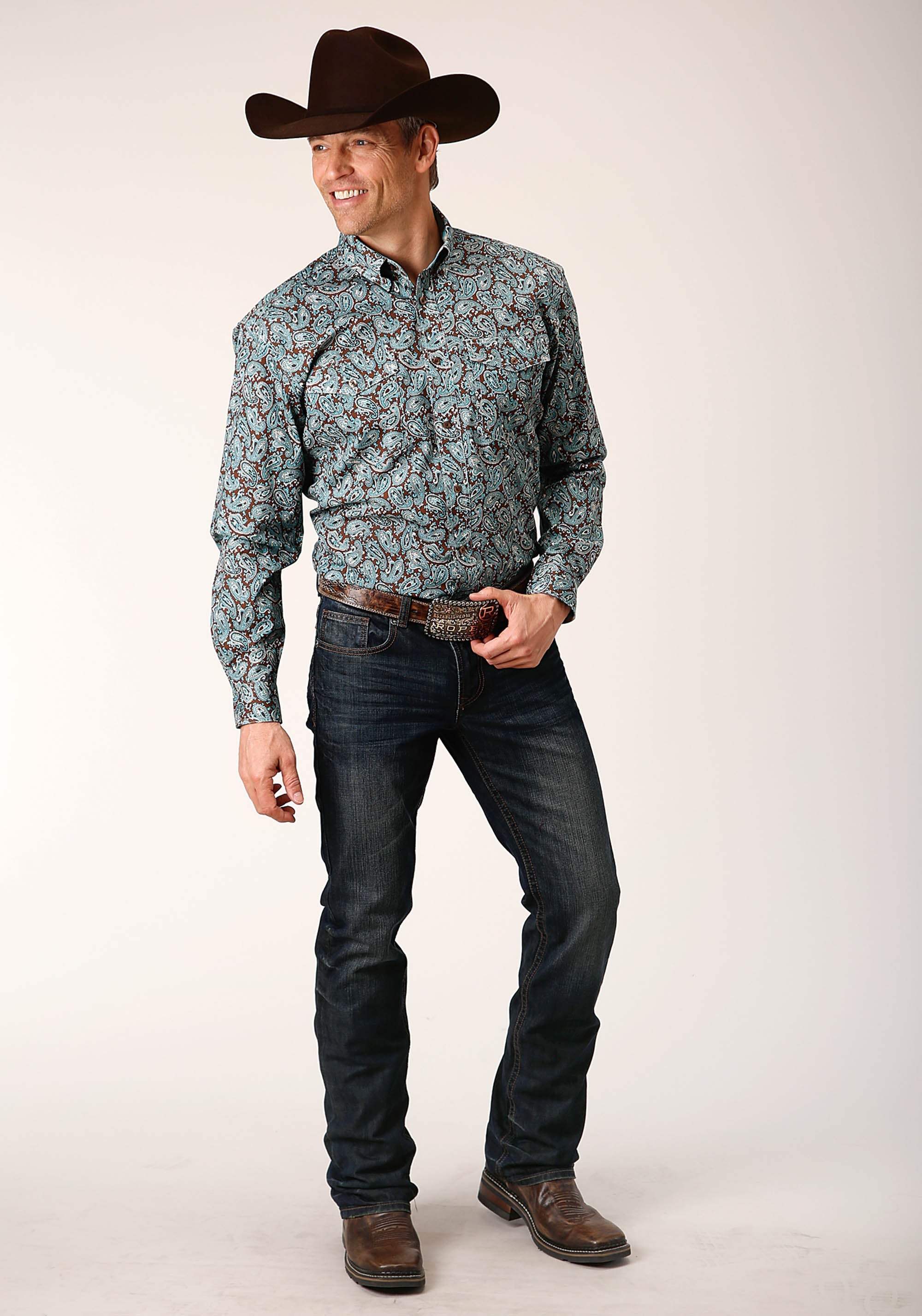 Roper Mens Long Sleeve Button Turquoise Mine Paisley Western Shirt Tall Fit - Roper - Flyclothing LLC